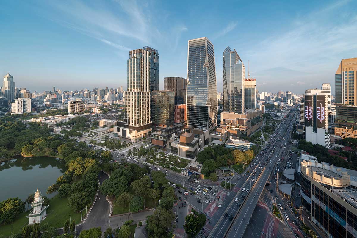 A modern skyscraper complex in Bangkok with stunning city views and luxury amenities.