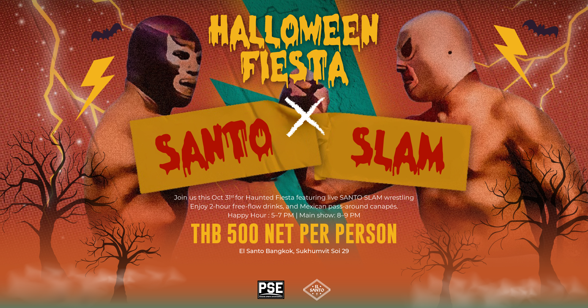 Halloween Fiesta celebration at El Santo with vibrant Mexican décor, costumes, and live entertainment